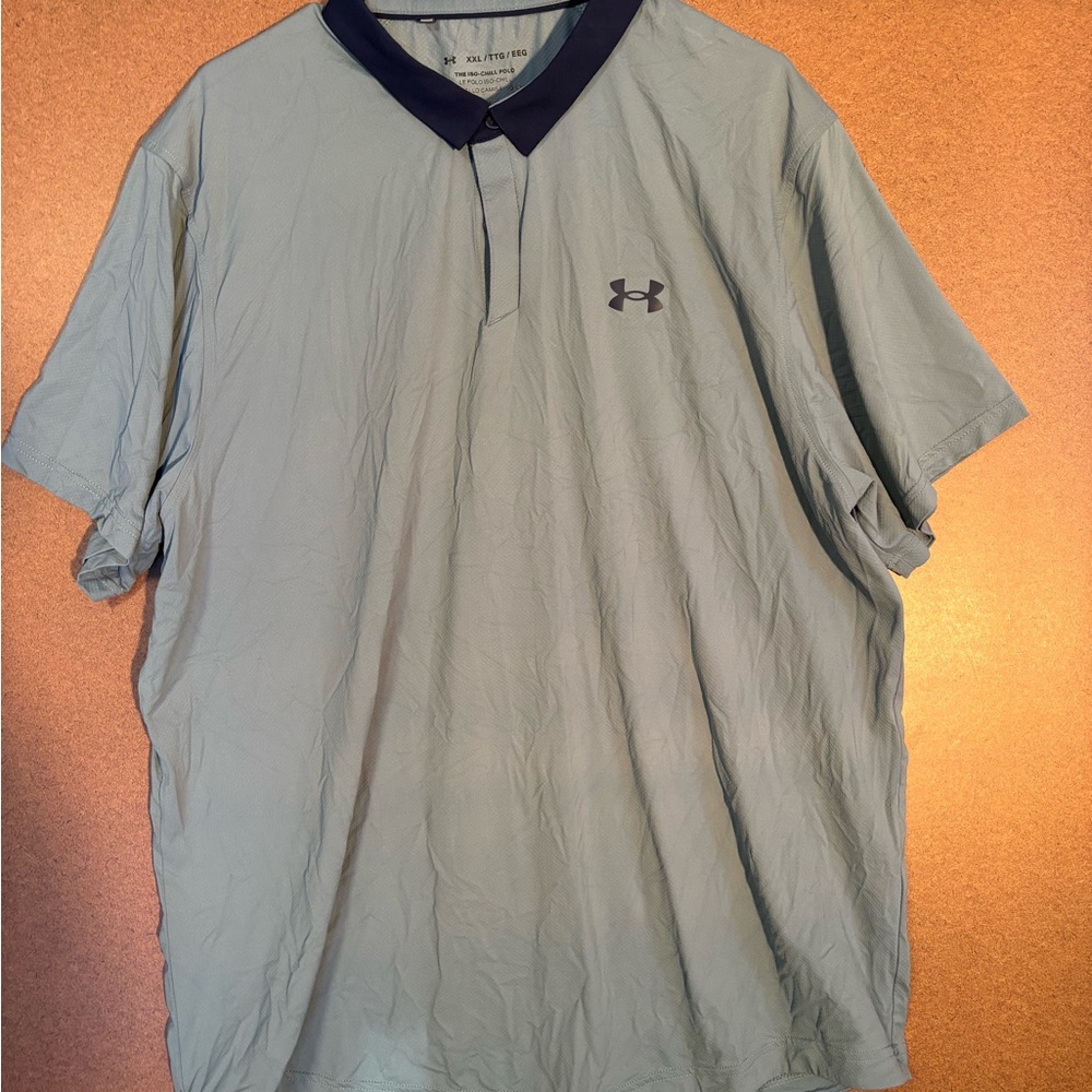 Under Armour XXL Men's Sky Blue grey Polo with Navy Collar
